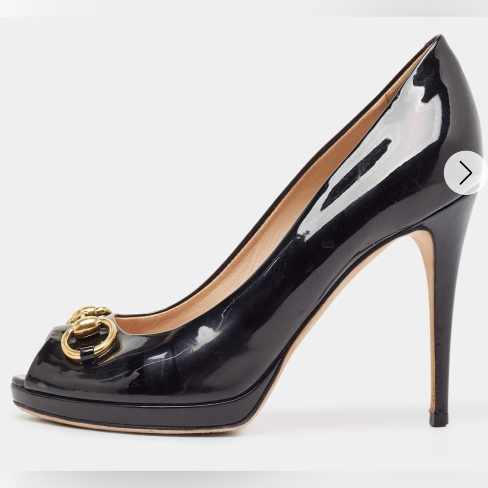 Gucci Black Patent Leather Horsebit Peep Toe Pumps size 6.5/7, 37 "